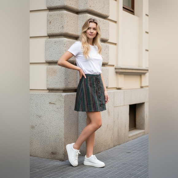 After Market Dresses & Skirts - Aftermarket Striped Green and Black Button-Up Skirt Sz S waist 13.5 length 16